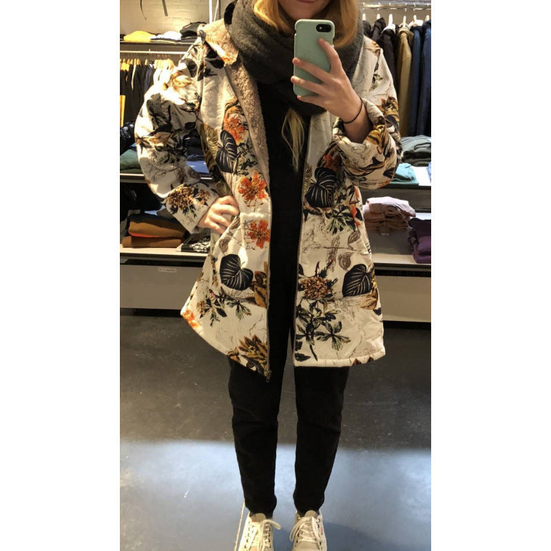 Women's Long-sleeved Zipper Hooded Thickened Composite Printed Dresses