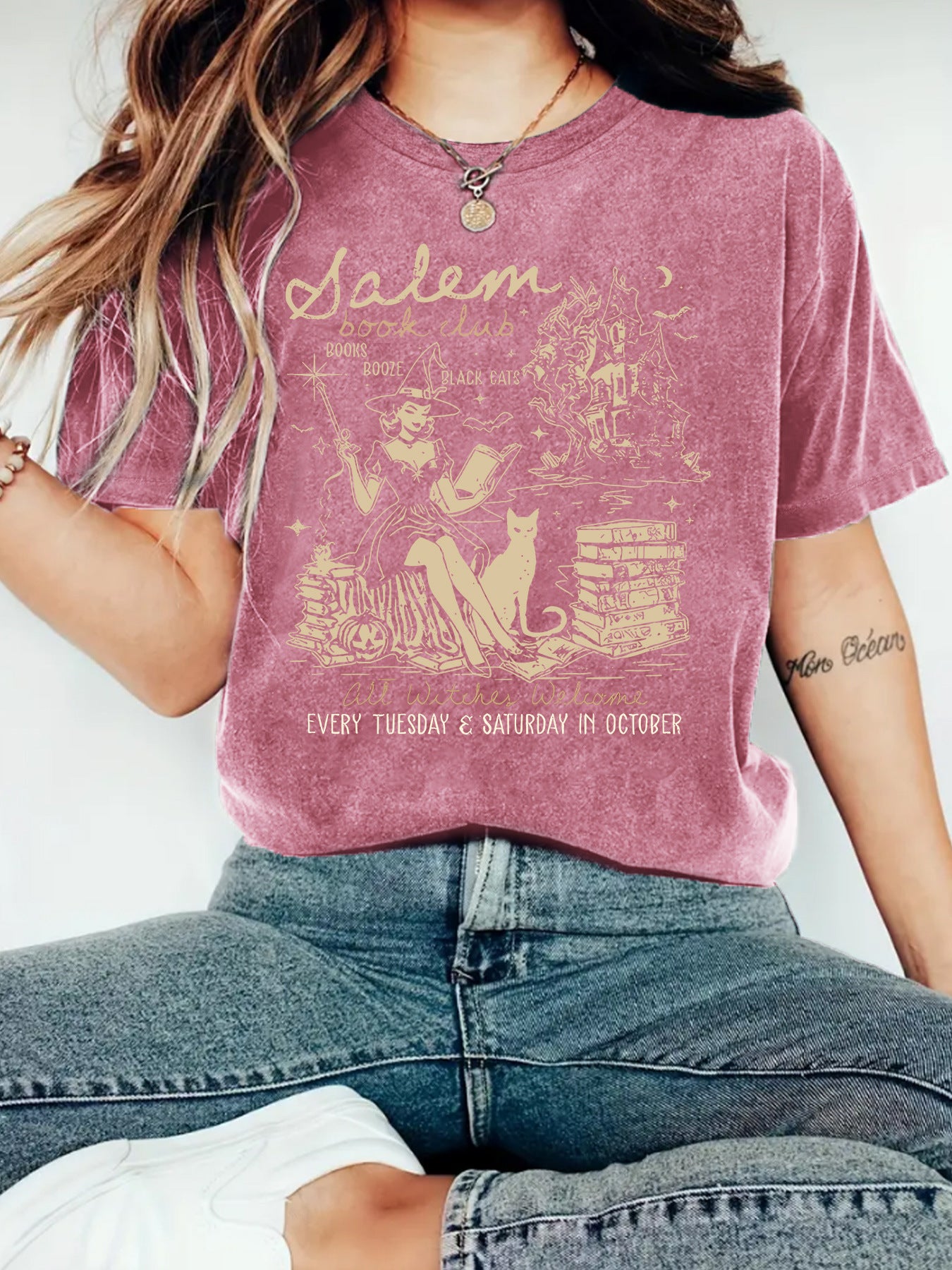 Women's Summer Salem Witch Pattern Halloween Printed Round Neck Women's T-shirt
