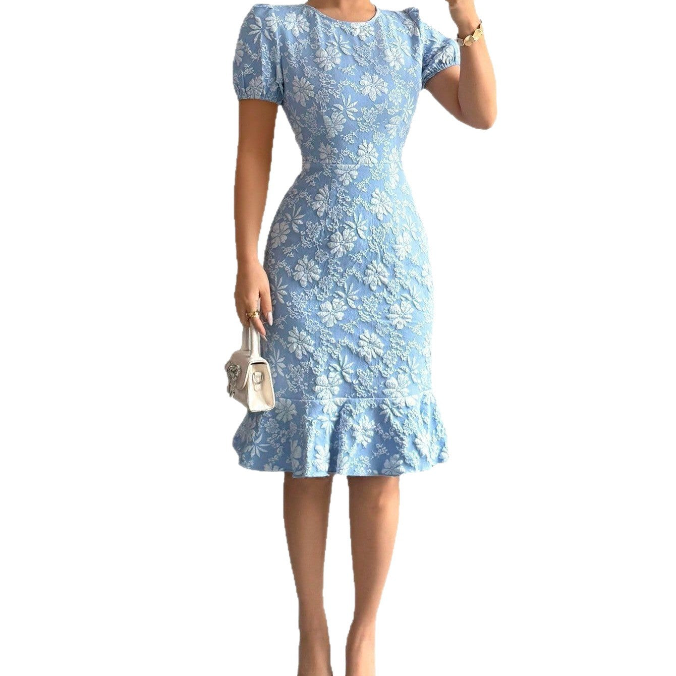Women's Summer Bubble Sleeve Texture Jacquard Round Neck Retro Dress