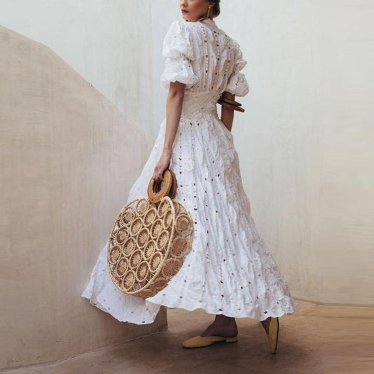 Women's Summer Deep V Puff Sleeve Lace Dresses