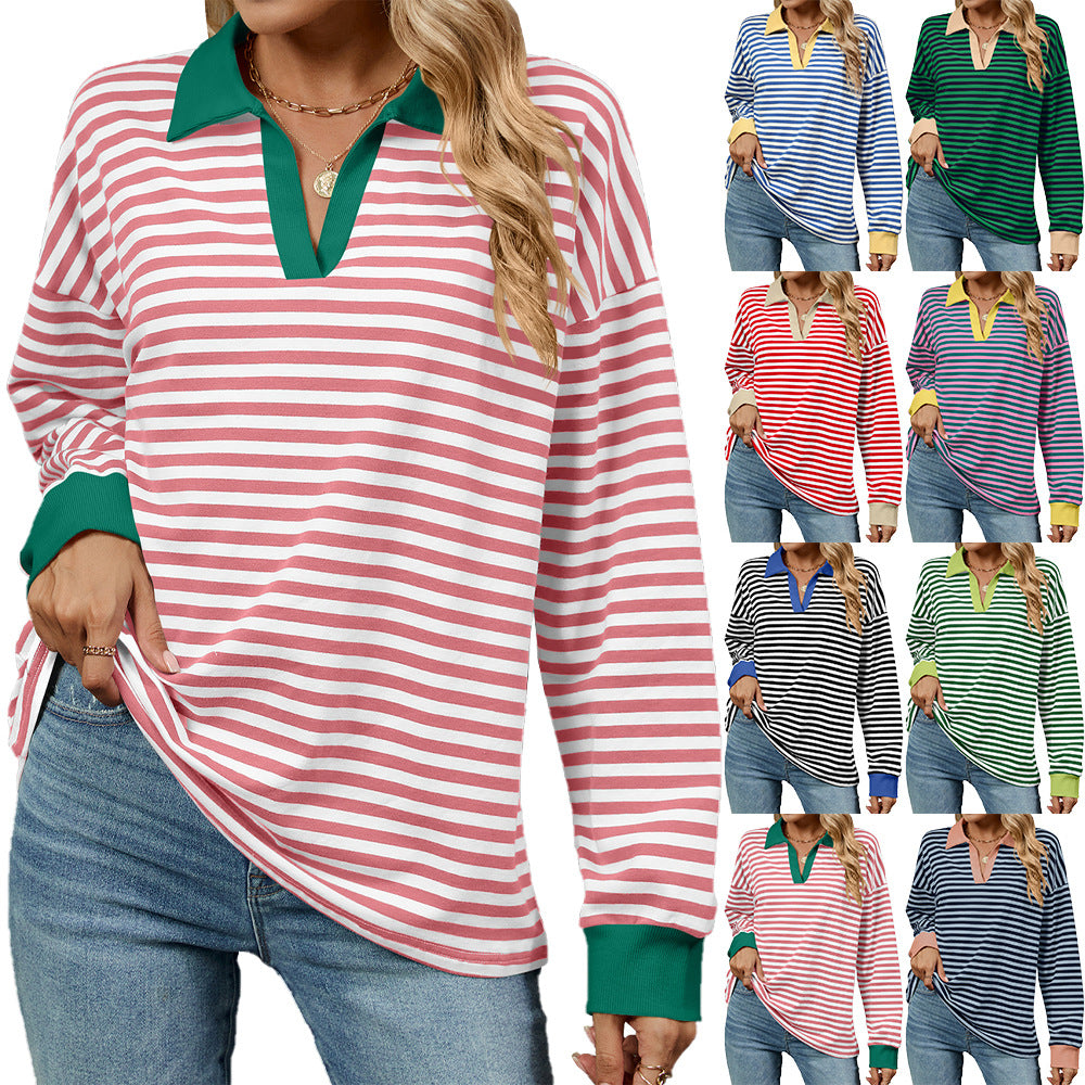 Women's Color Lapels Loose Long Sleeve Striped Women's Sweater, Sweater