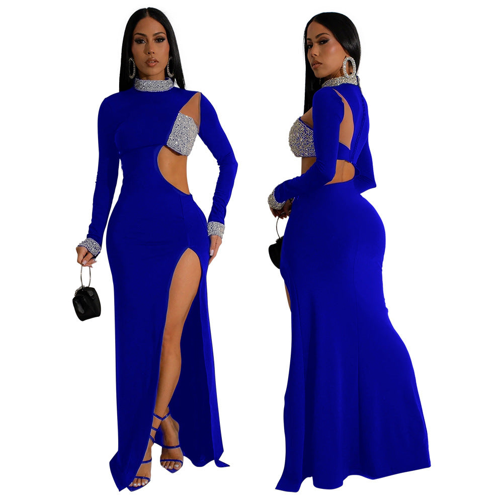 Women's Rhinestone Long Sleeve High Slit Dress Dresses