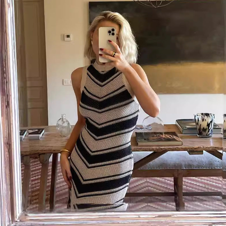 Women's Striped Tassel Knitted Dress Sleeveless Summer Dresses