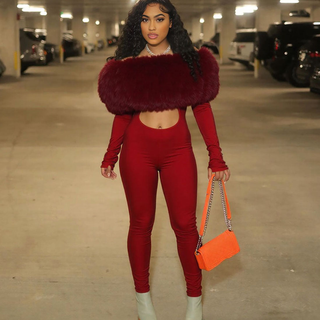 Women's Furry Stitching Sexy Long Sleeve Jumpsuits