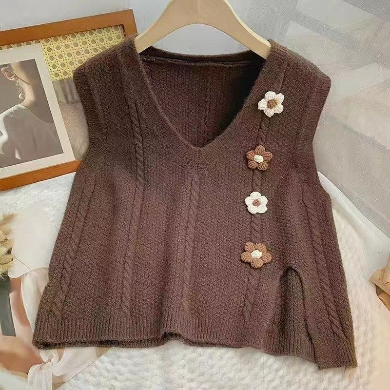 Artistic Retro Split Solid Color Three-dimensional Flower Loose Outer Women's Vest