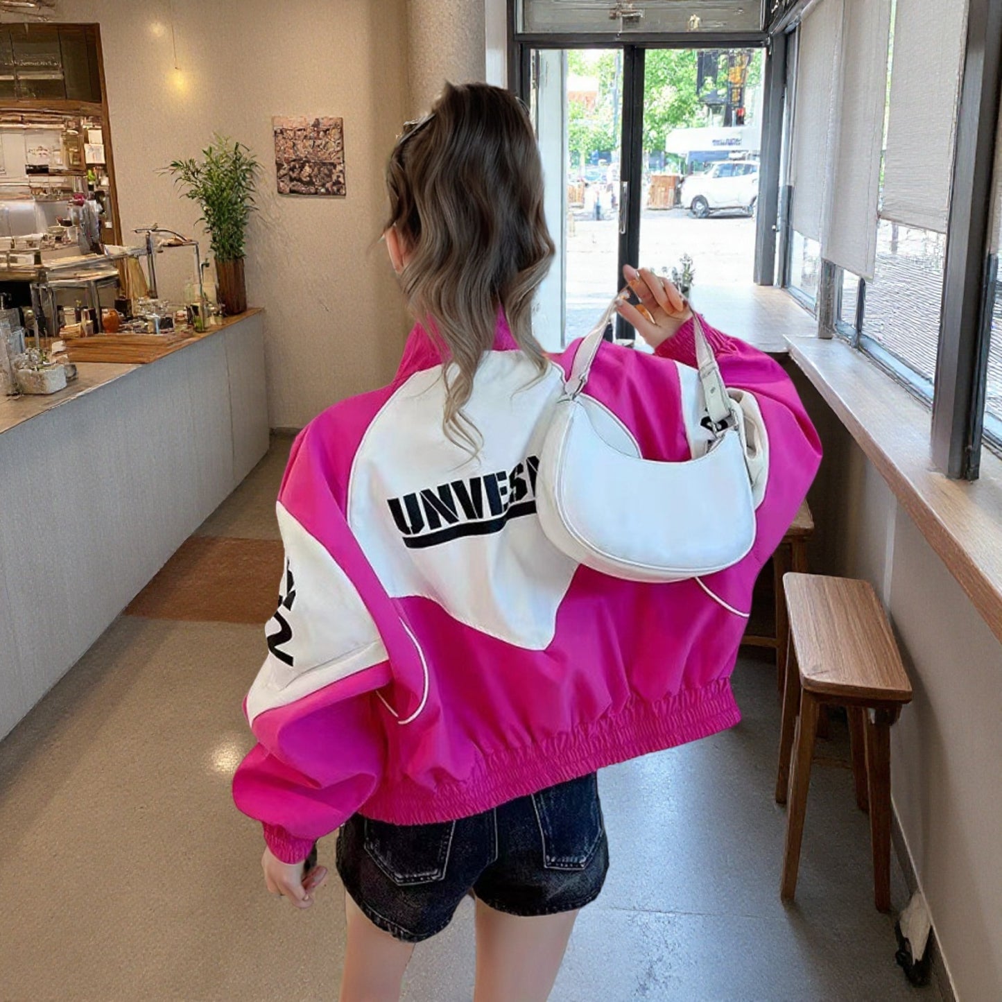 Women's American Retro Small Motorcycle Rose Pink Jackets