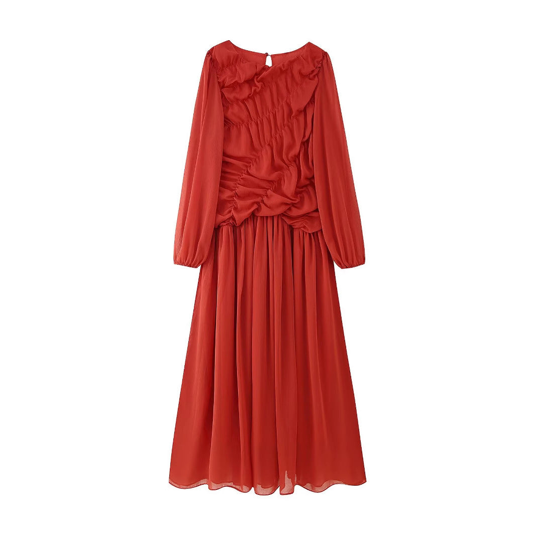 Women's Temperament Pleated Round Neck Versatile Slimming Dresses