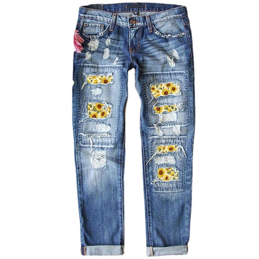 Women's Beautiful Fashion Printing Hole Straight Jeans