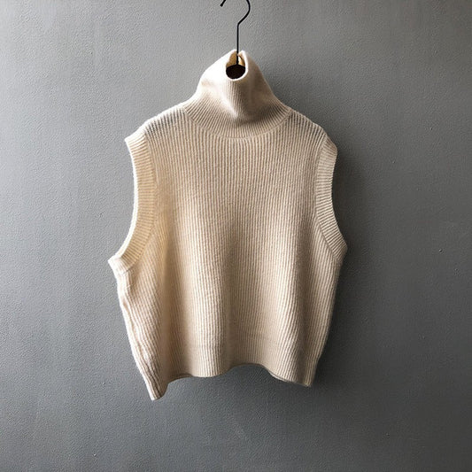 Women's Knitting Waistcoat Turtleneck Solid Color Sleeveless Vests