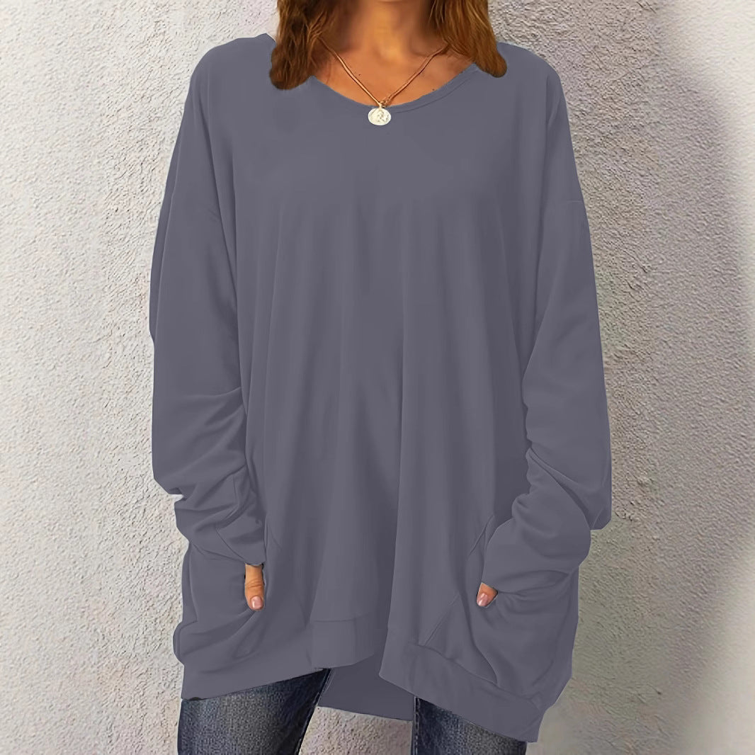Women's Pullover Long-sleeved Double Pocket Solid Color Tops