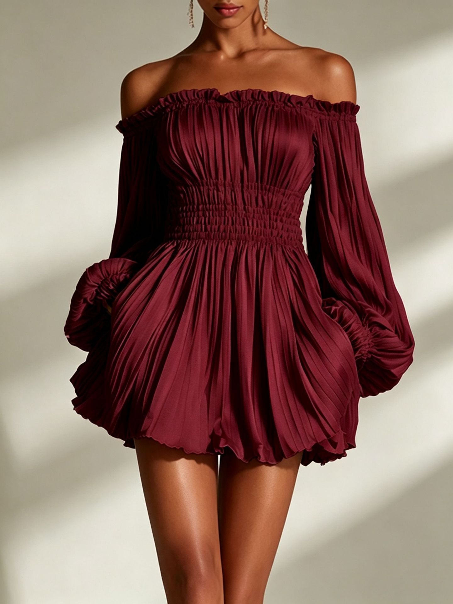 Unique Women's Pleated Slimming Long Sleeve Dress