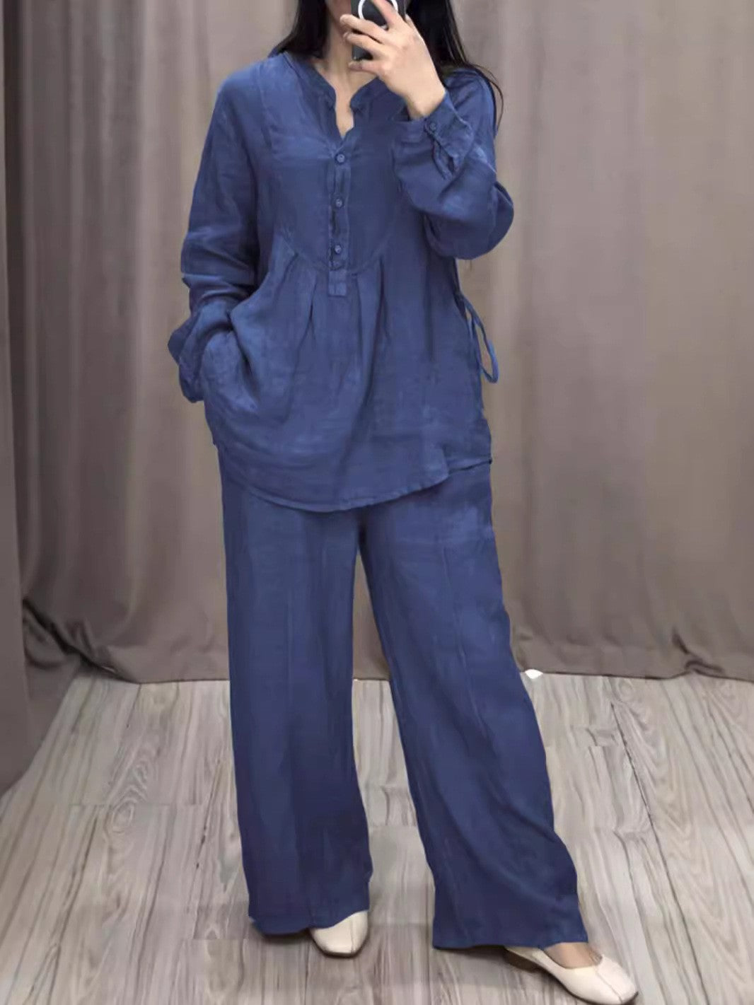 Autumn Comfortable Cotton Linen Long Sleeve Half Pleating Fashion Casual Suit
