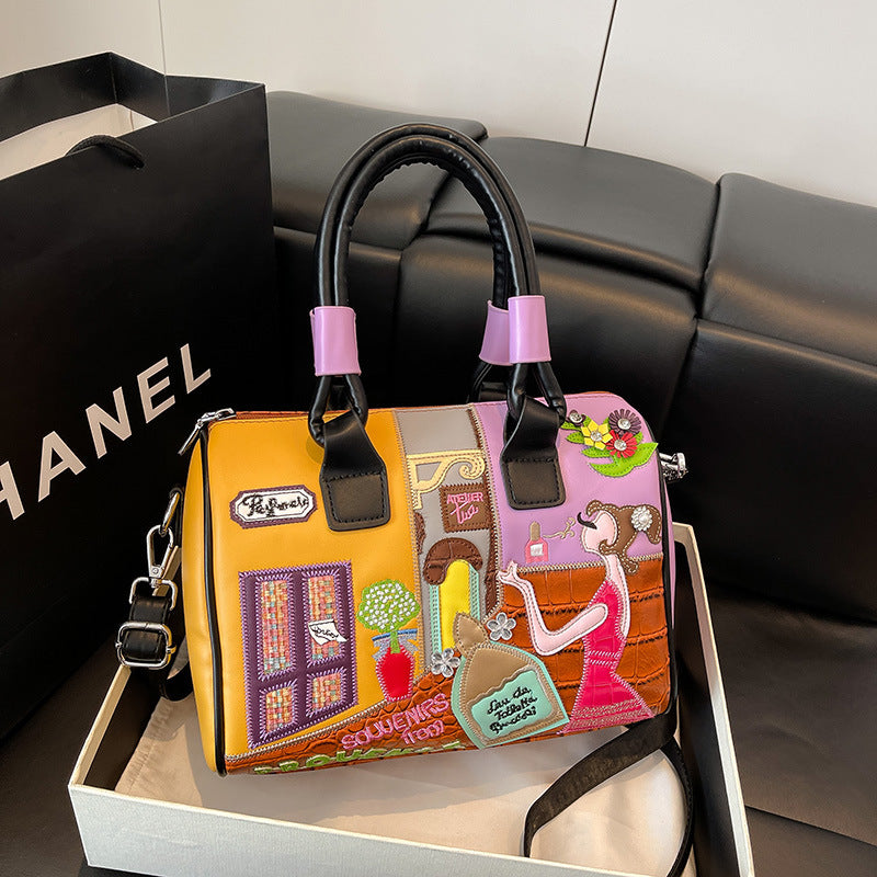 Retro Large Capacity Portable Boston Niche Embroidered Patch Crossbody Bags