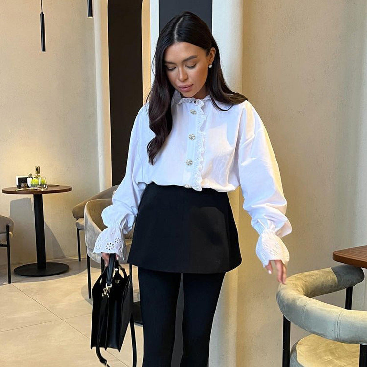 Women's Style Stand Collar Diamond Ruffled Shirt Tops