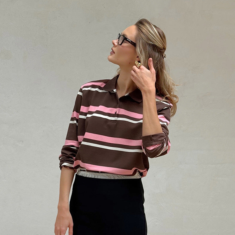 Women's Stripe Knitted Long-sleeved Shirt Slim Round Blouses