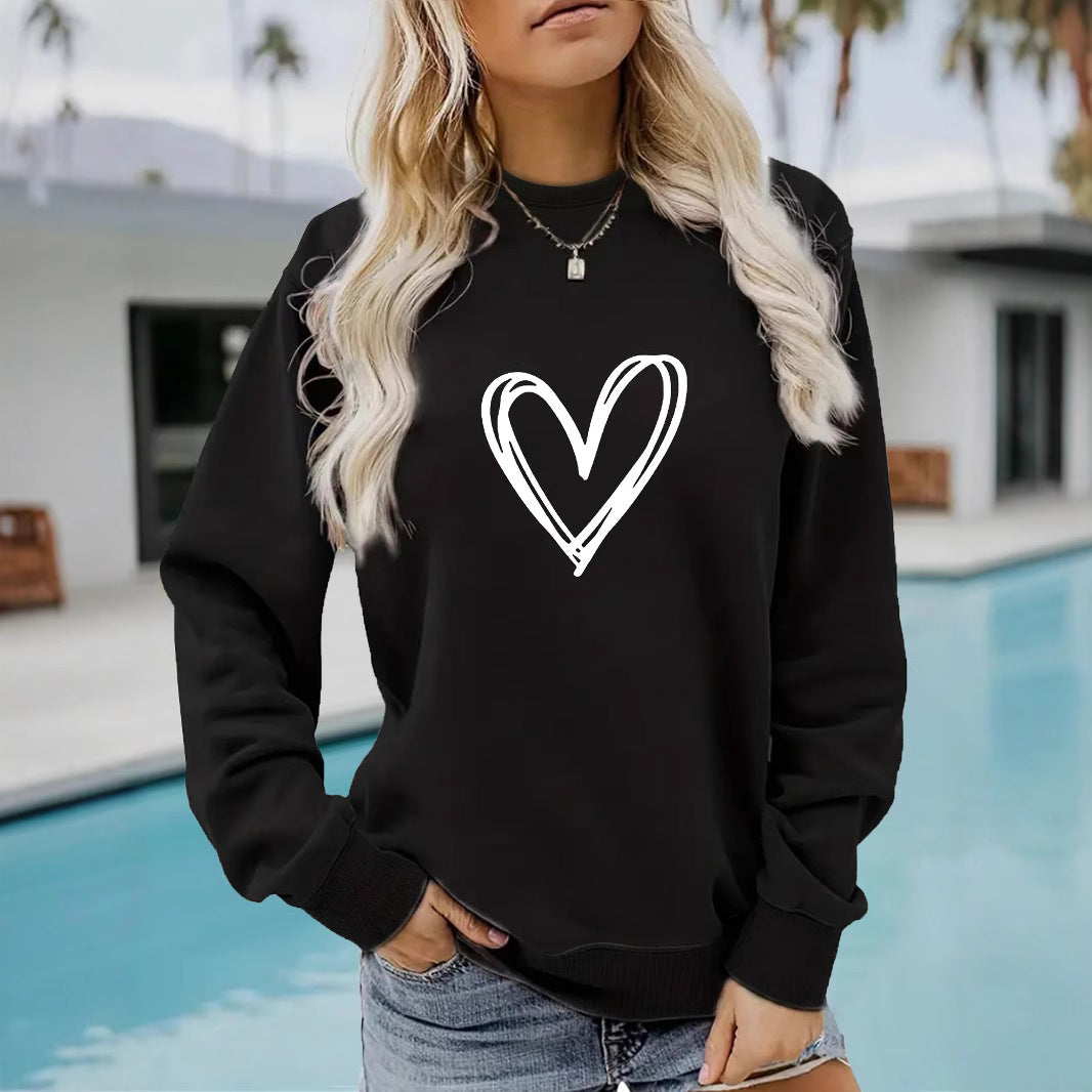Women's Casual Long-sleeved Round Neck Heart Shape Printed Women's Sweater, Sweater