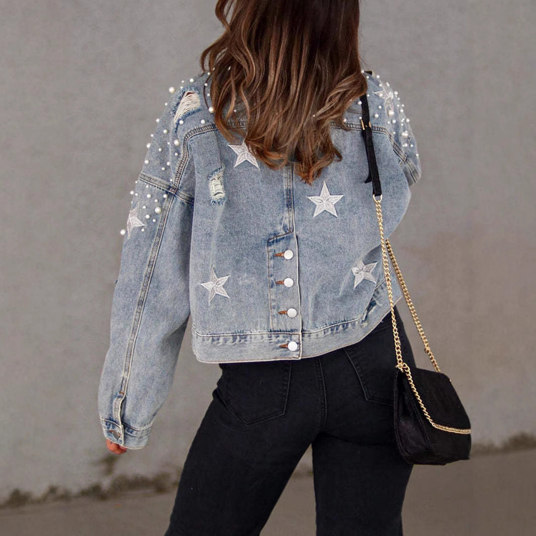 Women's Beaded Denim Ripped Embroidery Loose Jackets