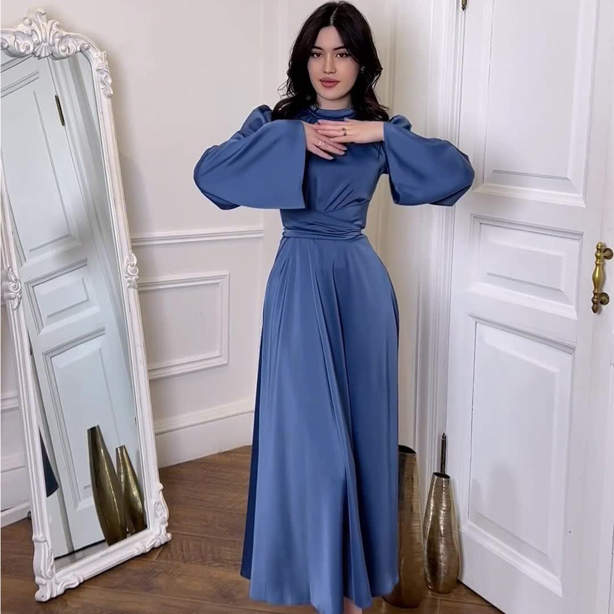 Spring Solid Color Satin Princess Style Waist Dresses