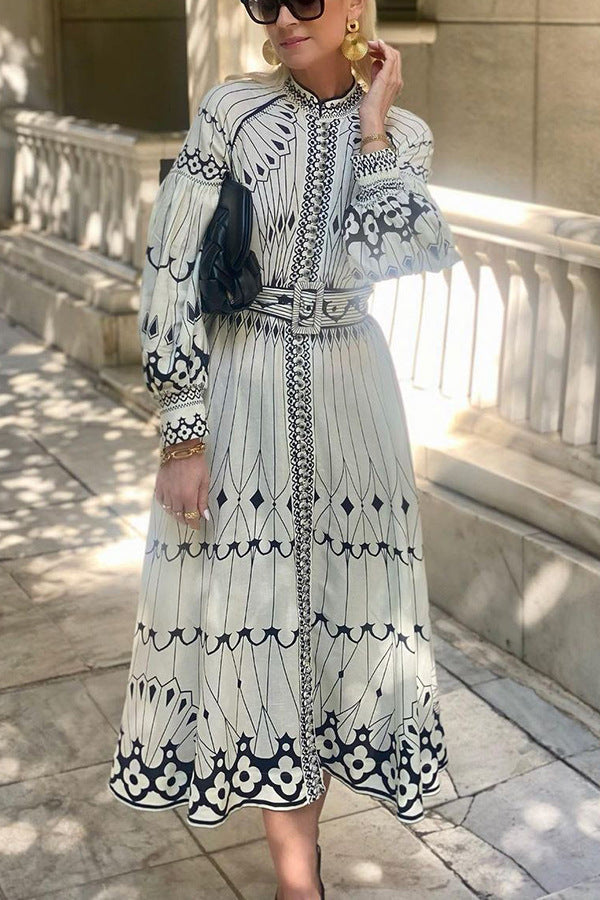 Women's Elegant Long Sleeve Belt Button Print Dresses