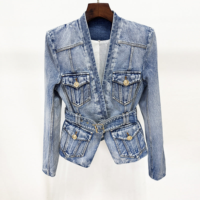 Early Autumn Fashion Belt Washed Denim Jackets