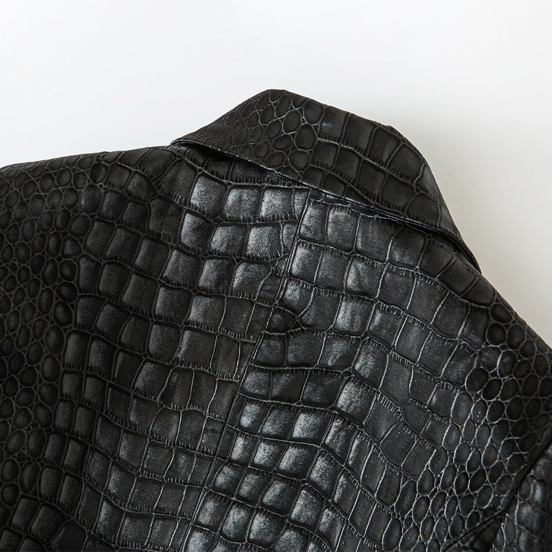 Leather Pattern Slim Metal Buckle Waist Blazers