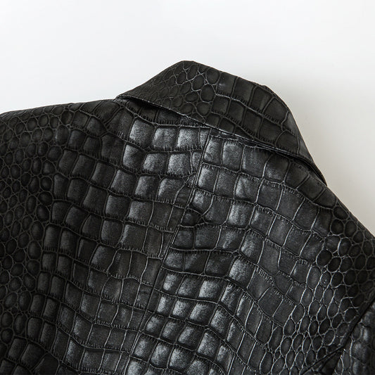 Leather Pattern Slim Metal Buckle Waist Blazers