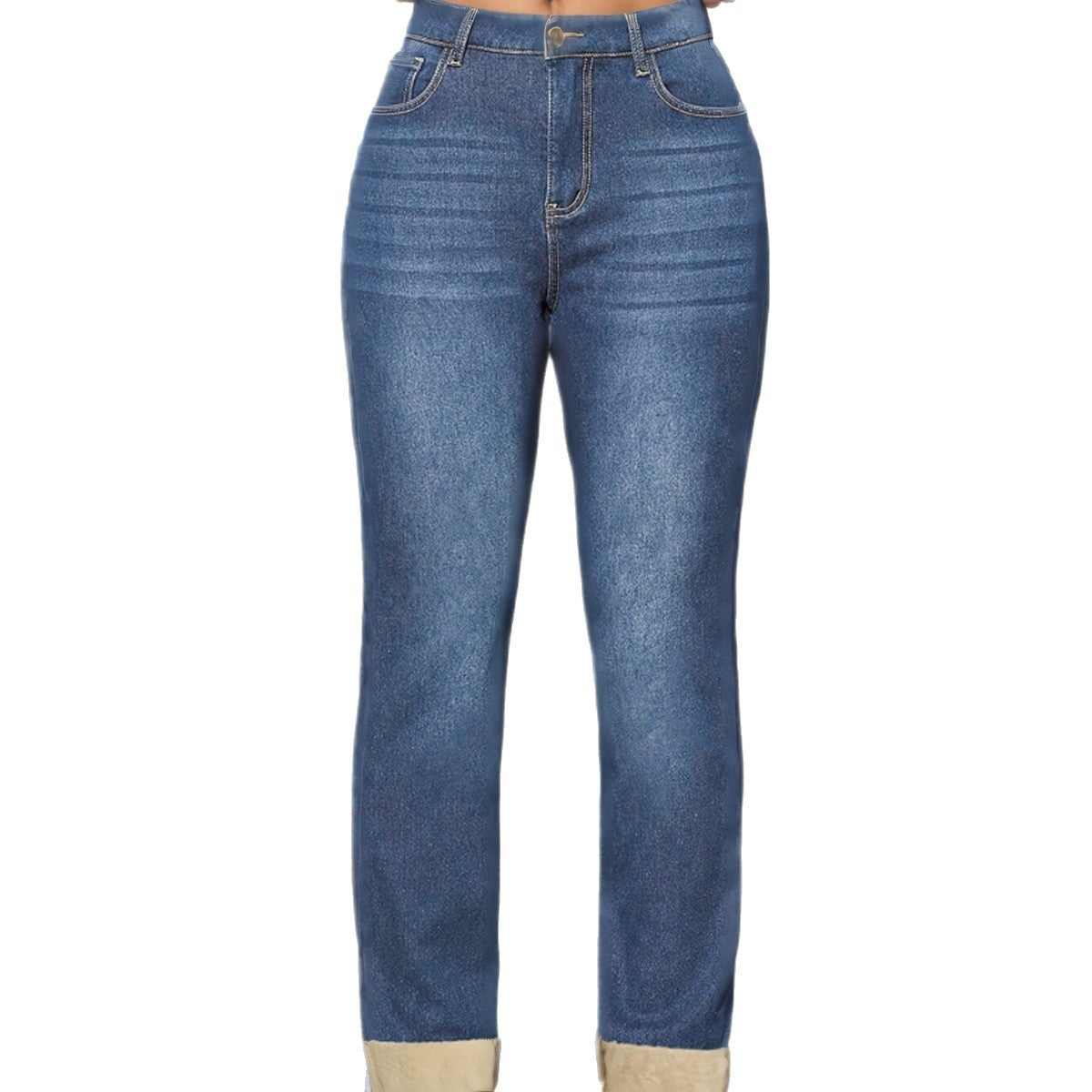 Women's Fleece-lined Elastic Tight-fitting Hem Solid Color Jeans