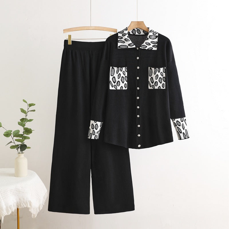 Fashionable Knitted Lapel Leopard Print Loose Multicolor Wide Pants