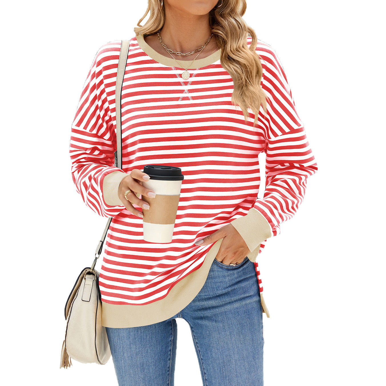 Women's Round Neck Split Long Sleeve Loose Striped Women's Sweater, Sweater