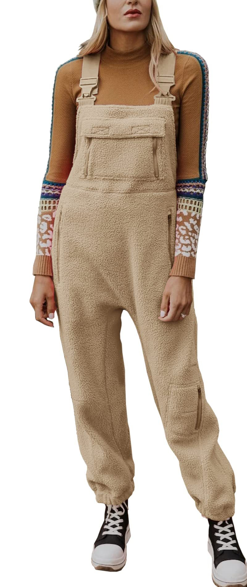 Women's Pocket Solid Color Lamb Wool Adjustable Jumpsuits