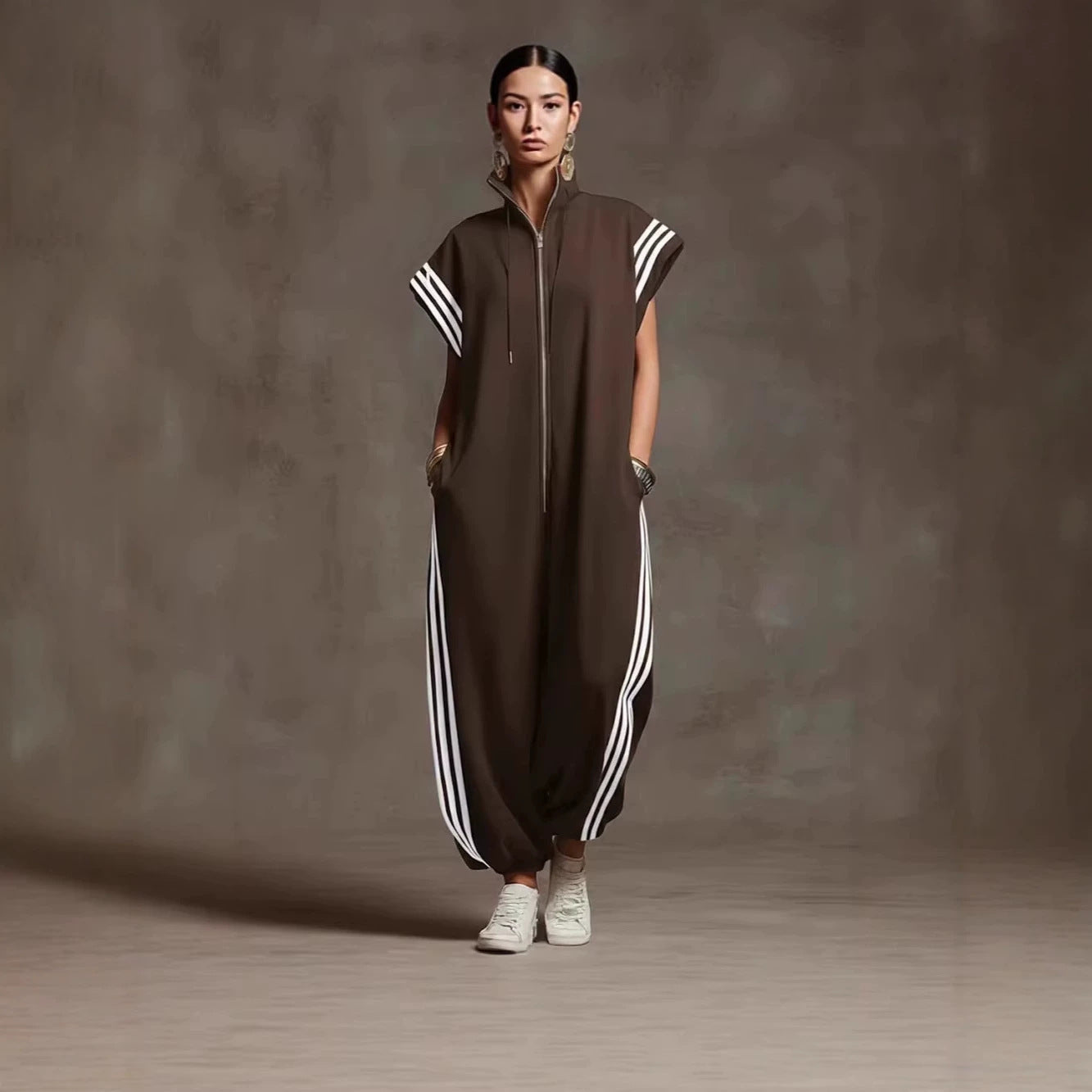 Zipped Stand Collar Striped Contrast Color Fashion Quick Women's Jumpsuit/clothing