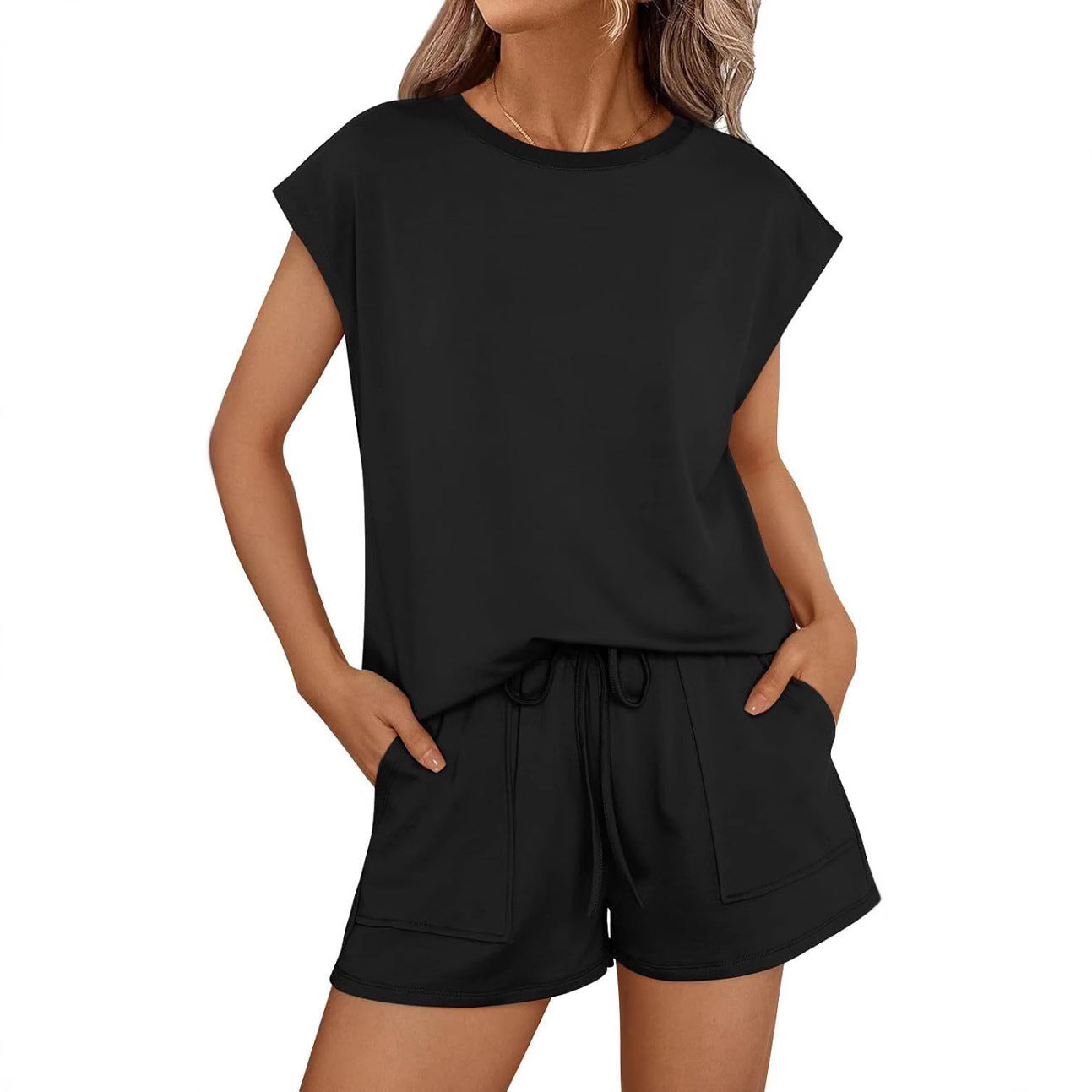 Women's Round Neck Loose Sleeves Two-piece Shorts
