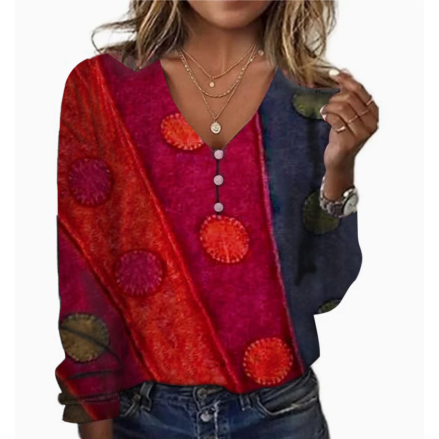 Starry Sky Pearl Button Long Sleeve Women's T-shirt