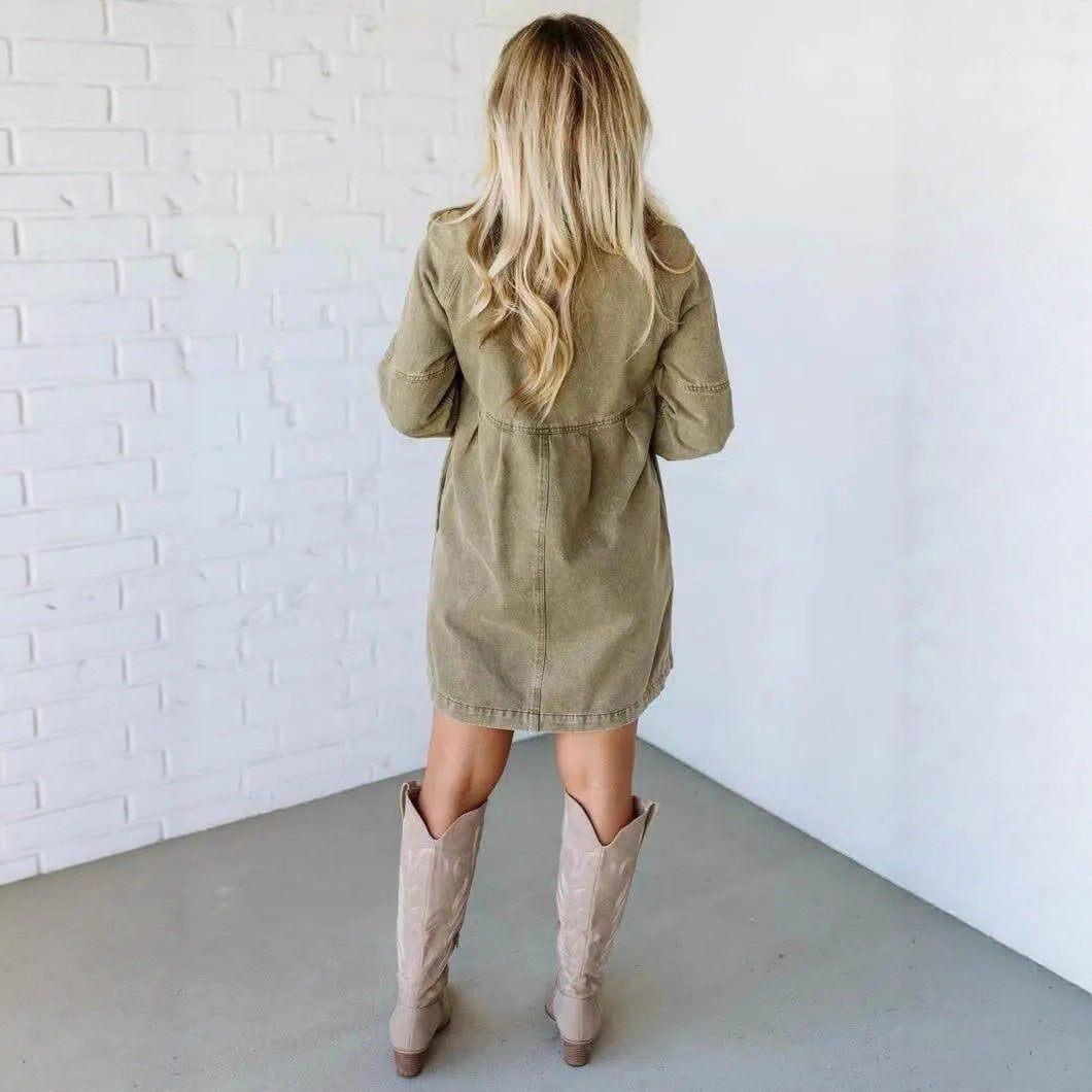 Women's Denim Button Lotus Leaf Long Sleeve Loose Dresses