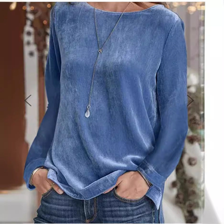 Solid Color Veet Round Neck Pullover Women's Sweater, Sweater