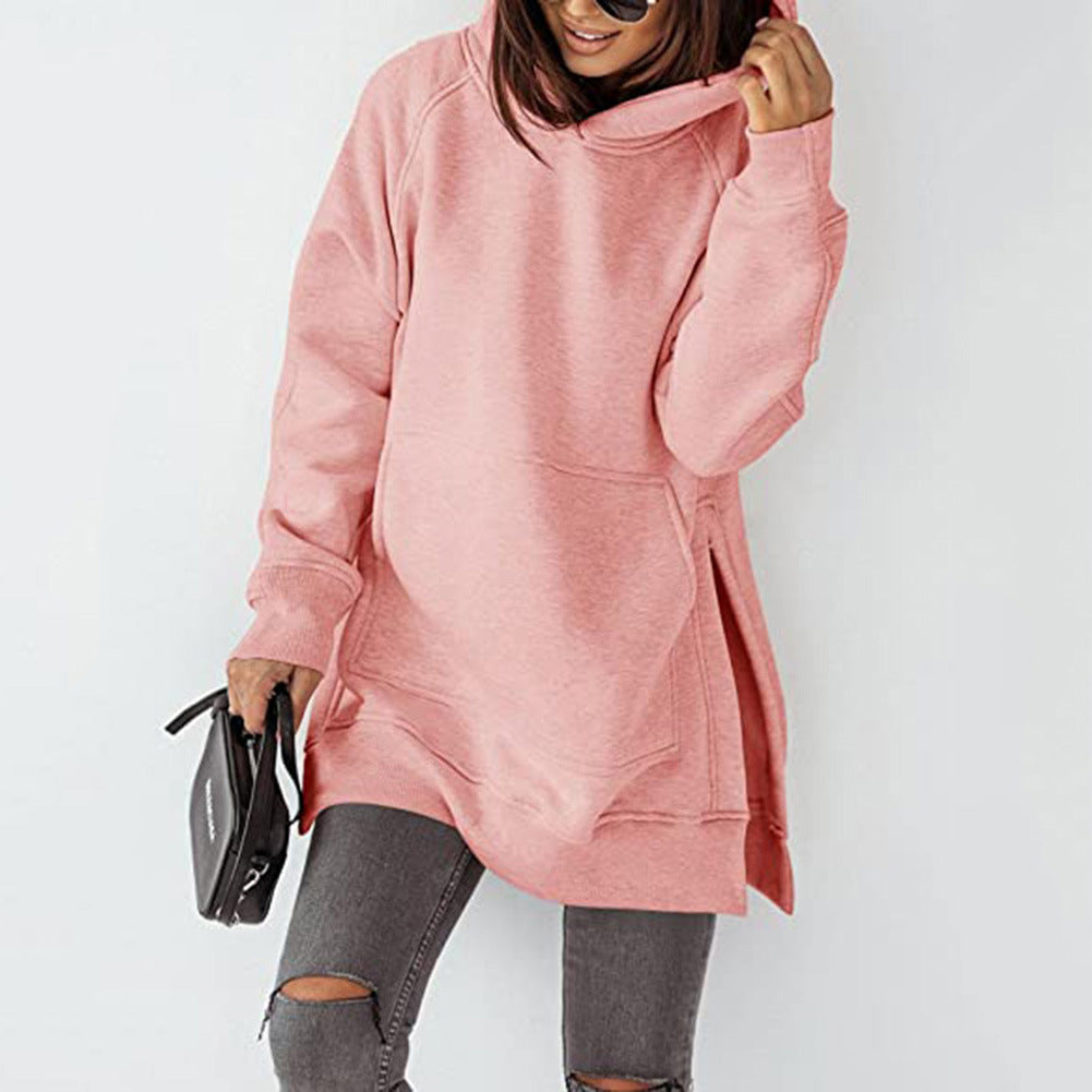 Women's Sleeve Round Neck Fleece-lined Solid Color Pocket Loose-fitting Women's Sweater, Sweater