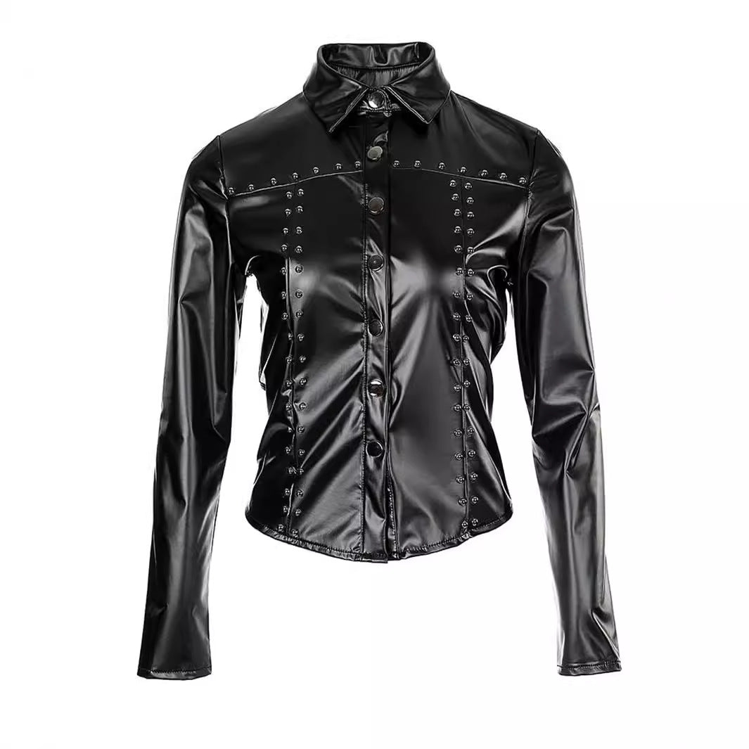 Women's Fashionable Inlaid Decorative Soft Lapel Leather Shirt Blouses