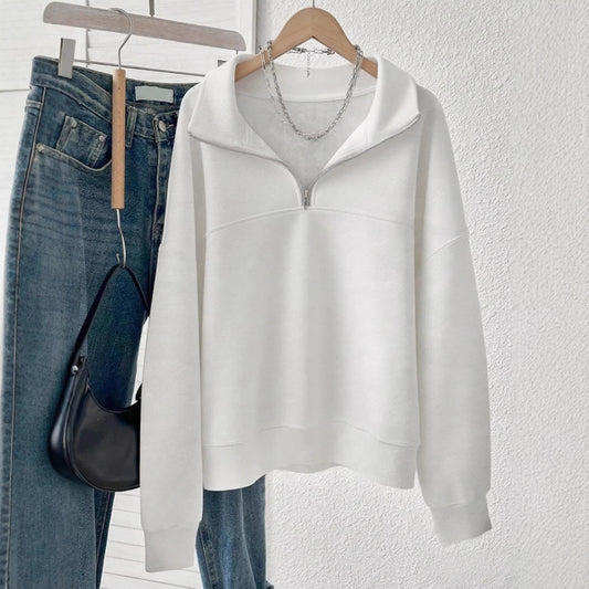 Solid Color Fleece Lapel Half Zipper Fashion Women's Sweater, Sweater