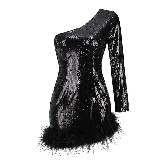 Women's Autumn Sexy Diagonal Collar Long-sleeved Dress Dresses