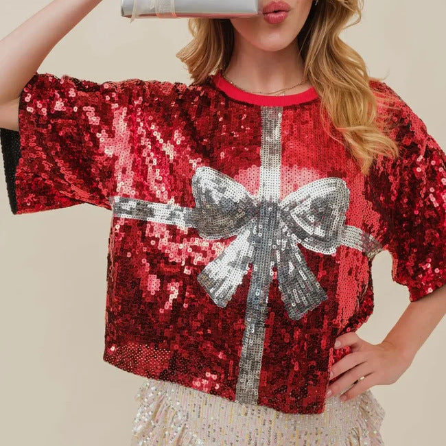 Women's Summer Sequins Loose-fitting T-shirt Round Neck Blouses