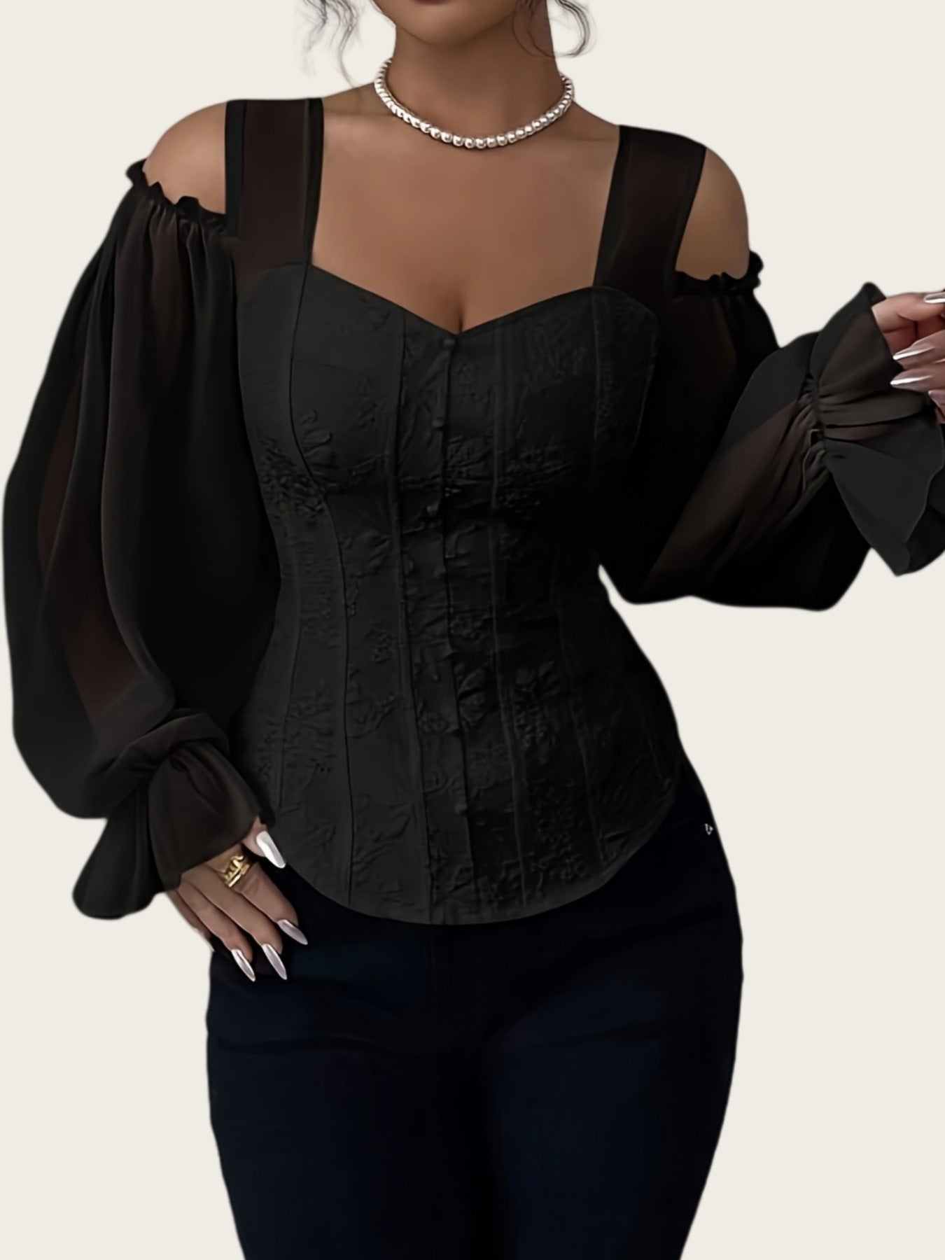 Women's Jacquard Shirt Square Collar Long Sleeve Blouses