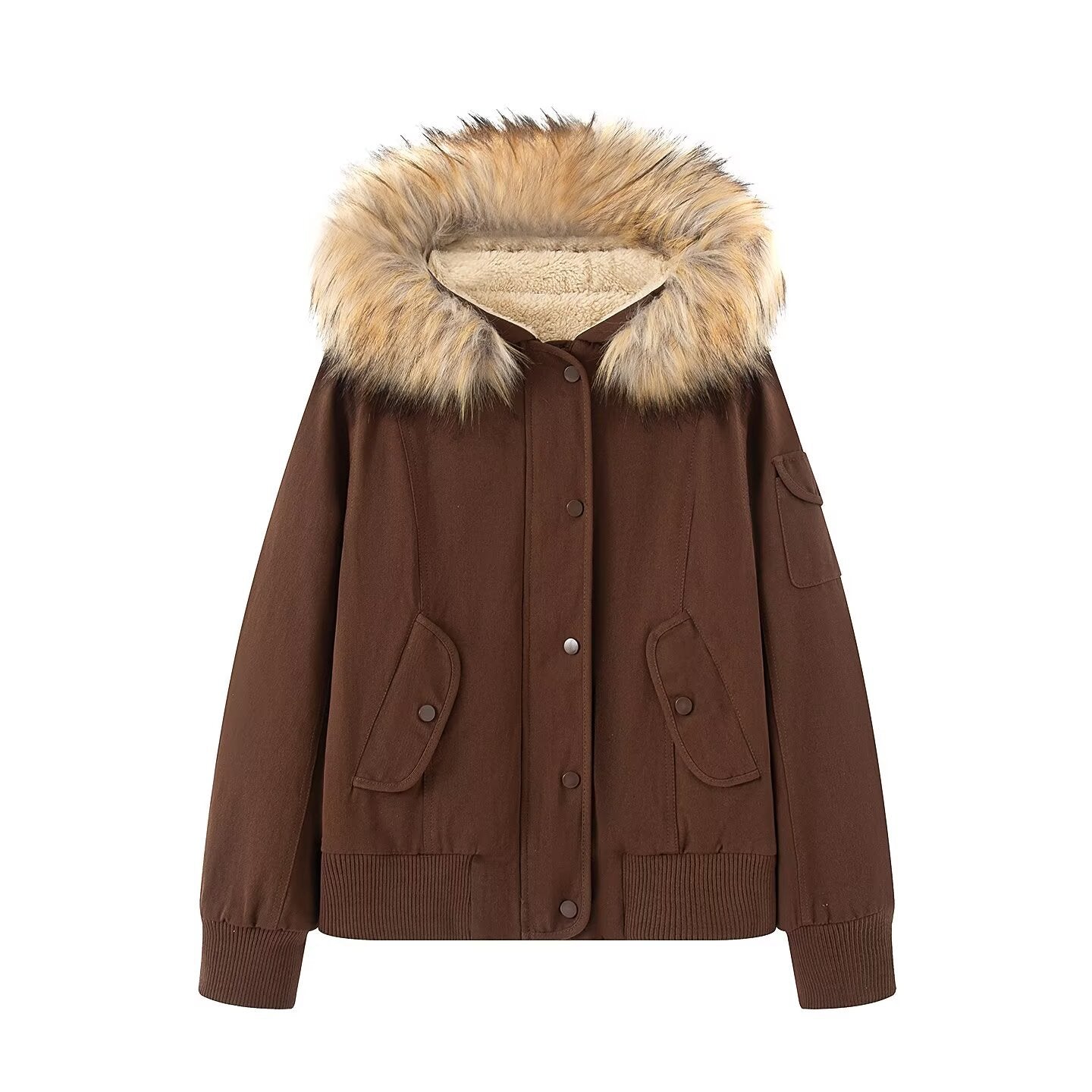 Women's Fur Collar Hooded Retro Brown Slimming Versatile Jackets