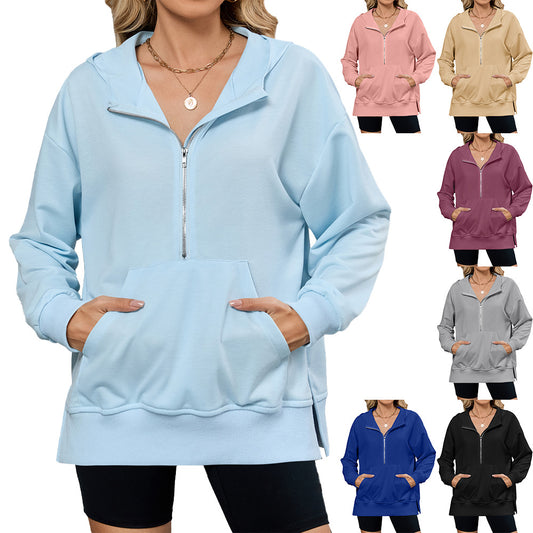 Women's Hooded Loose Long Sleeves Zipper Pocket Women's Sweater, Sweater