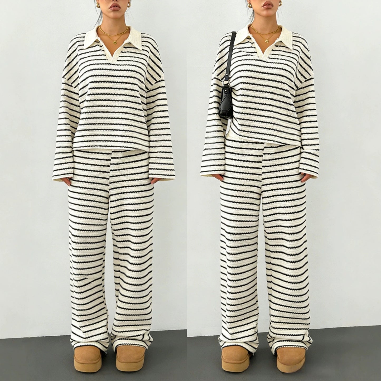 Women's Striped Lapel Fashionable Knitted Loose Long Sleeve Fashion Casual Suit