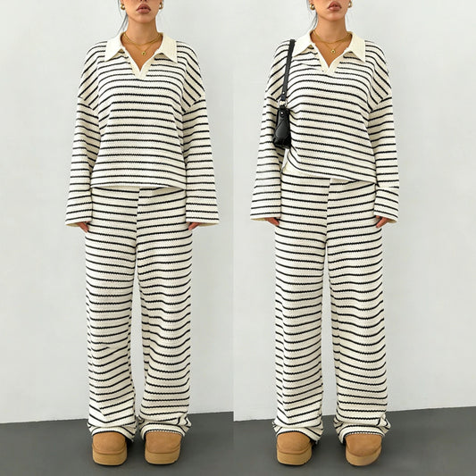 Women's Striped Lapel Fashionable Knitted Loose Long Sleeve Fashion Casual Suit