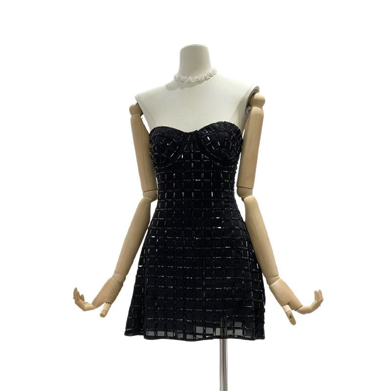 Women's Sexy Plaid Sequined Strapless Dress Black Tube Dresses