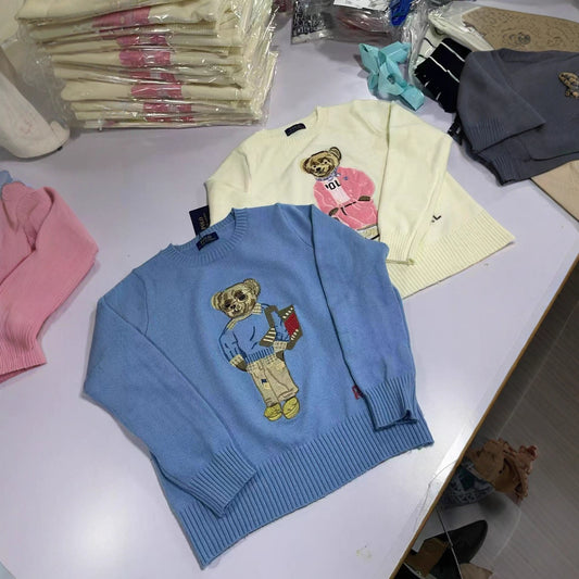 Women's Bear Embroidery For Crew Neck Pullover Tops