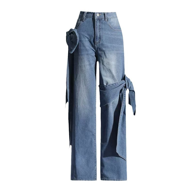 Women's Spring Washed Distressed Stitching Bow Design High Jeans
