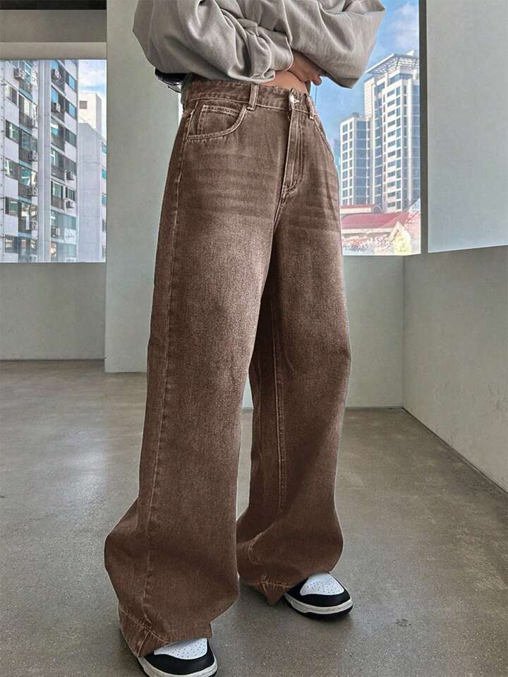 Women's High Waist Straight Coffee Color Washed Jeans