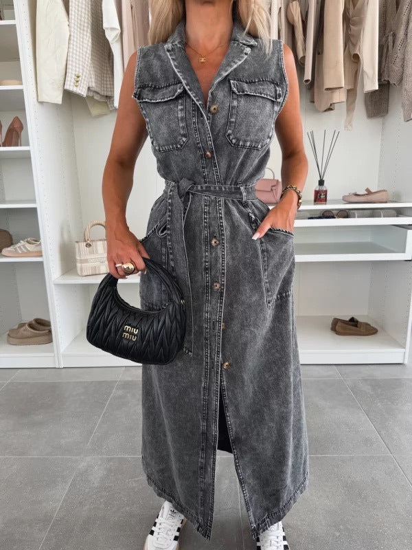 Sleeveless Long Tie Waist Single-breasted Denim Dresses